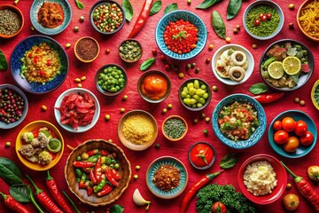 Fototapeta premium Vibrant Food Photography with Red Background and Arrow Motifs for Culinary Delight