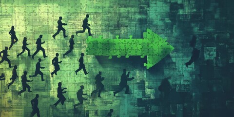 Fototapeta premium A group of business people are running towards a green arrow made of puzzle pieces. This is an illustration designed for a screen with a 16:9 aspect ratio.