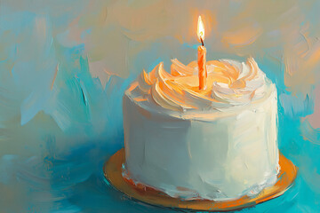 An impressionistic oil painting capturing the warm glow of candlelight on a birthday cake, with soft brushstrokes and rich colors evoking a sense of nostalgia and celebration