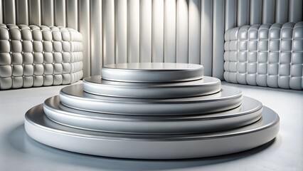 A silver podium with five tiers sits in a minimalist, white room with two padded walls.