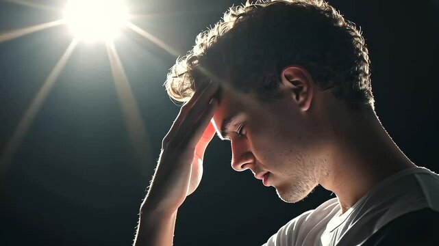A close-up of a young man in discomfort, gripping his head and struggling with eye pain, against a black backdrop with striking overhead backlighting