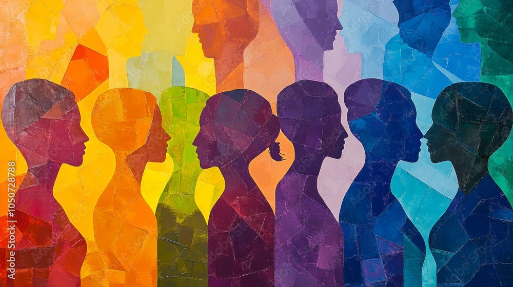 Poster a colorful mosaic of diverse human silhouettes blending into a vibrant abstract background, represen