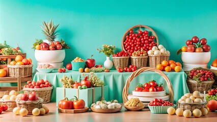A variety of fruits and vegetables arranged on a table with a teal tablecloth and a teal background.