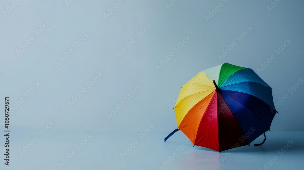Poster a colorful umbrella on a plain gray background representing protection and inclusion, emphasizing th
