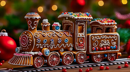 Naklejka premium Christmas Gingerbread Train Adorned with Festive Decorations, Journeying Through a Magical Winter Landscape