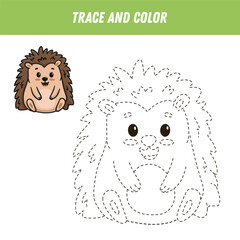 Trace line and color cute cartoon hedgehog. Handwriting practice. Educational worksheet for preschool kids. Activity page. Animal coloring. Vector illustration