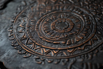 Fototapeta premium A close-up of an embossed mandala design on metal with intricate patterns and textures creating a vintage and artistic appearance 