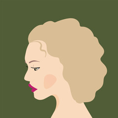Portrait of a fashion woman. The head in profile of a European brunette woman. Face of girl. Flat design for for landing page, banner, social Media Avatar. Color vector illustration