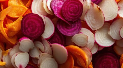 Aerial Shot of Mixed Root Vegetable Slices in Motion