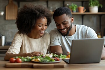 Cooking couple taking an online cooking class, Generative AI