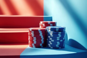 Fototapeta premium Many stacks of poker chips on a blue table