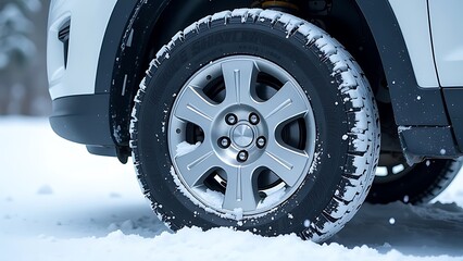 Car tire on snow, in a winter scene, on an asphalt road or street, with ice and frost, driving in the cold season seasonal tire change.	
