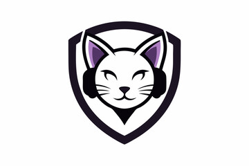 Cat head with  headphone mascot vector logo design vector illustration with shield on white