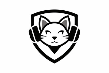Obraz premium Cat head with headphone mascot vector logo design vector illustration with shield on white