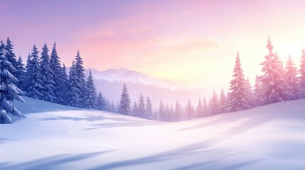 Snow-covered landscape with pine trees under a pastel sky at sunrise, AI