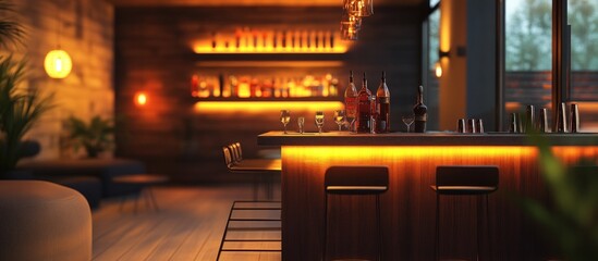 Modern bar interior with wooden counter and stools, warm lighting, shelves with bottles and glasses.