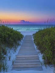 Fototapeta premium Wooden Boardwalk Leading to a Tropical Beach Sunset
