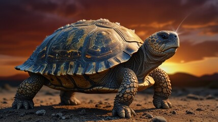 Fototapeta premium A large tortoise walks across a sandy landscape with a vibrant sunset in the background.