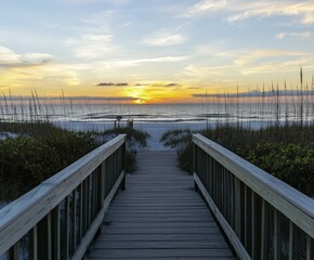 Fototapeta premium Stunning Sunset Over Beach With Wooden Walkway