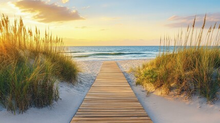 Stunning Beach Sunset with Wooden Walkway and Ocean View