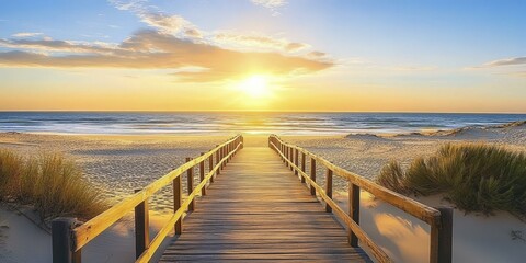 Obraz premium Golden Hour Beach Sunset with Wooden Walkway