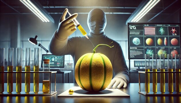 Scientist injecting melon with syringe, representing genetic modification - Powered by Adobe