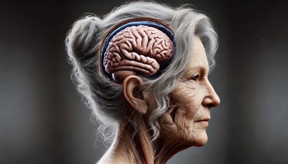 Elderly woman with exposed brain in profile, highlighting human anatomy