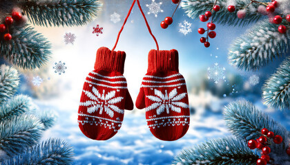 A pair of cozy, knitted mittens with snowflake patterns hanging from a string, capturing the warmth and charm of winter accessories.

