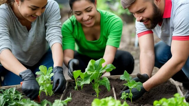 Community gardening project in the local park with enthusiastic volunteers planting vegetables in spring