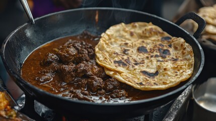 A close-up of freshly made parotta bread served with spicy beef curry, from a street vendor in Kerala, India.
