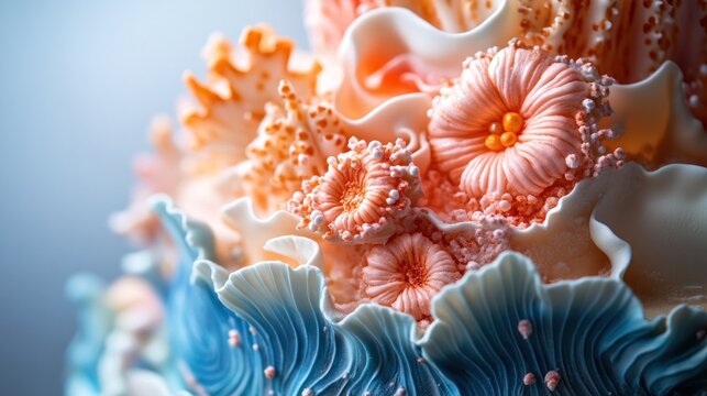 Close-up of a cake decorated with coral and ocean-inspired frosting.