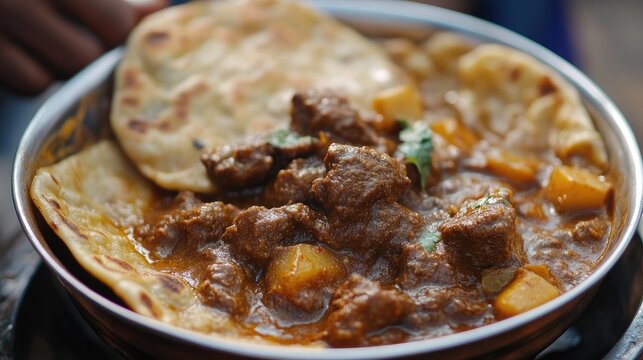 A close-up of freshly made parotta bread served with spicy beef curry, from a street vendor in Kerala, India.