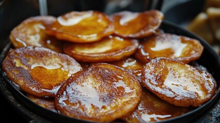 A close-up of rich malpua pancakes soaked in sugar syrup, served fresh from a street food stall in India.
