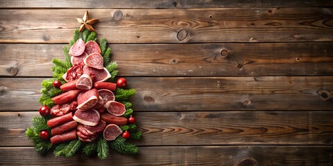 christmas tree made of variety of meat on wooden background  with copyspace