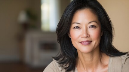 Smiling woman with long black hair in a cozy home setting, AI