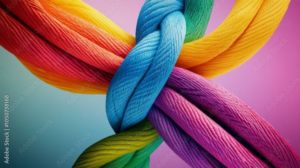 Aufkleber A conceptual image of colorful ribbons intertwining into a unified knot against a gradient backdrop, Embodying unity in diversity, photography style
