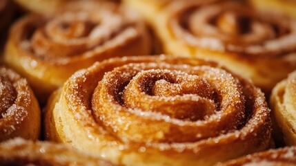 A close-up of Swedish cinnamon bun (kanelbulle) with sugar crystals, fresh from a street food stall, highlighting its swirled, golden-brown crust.