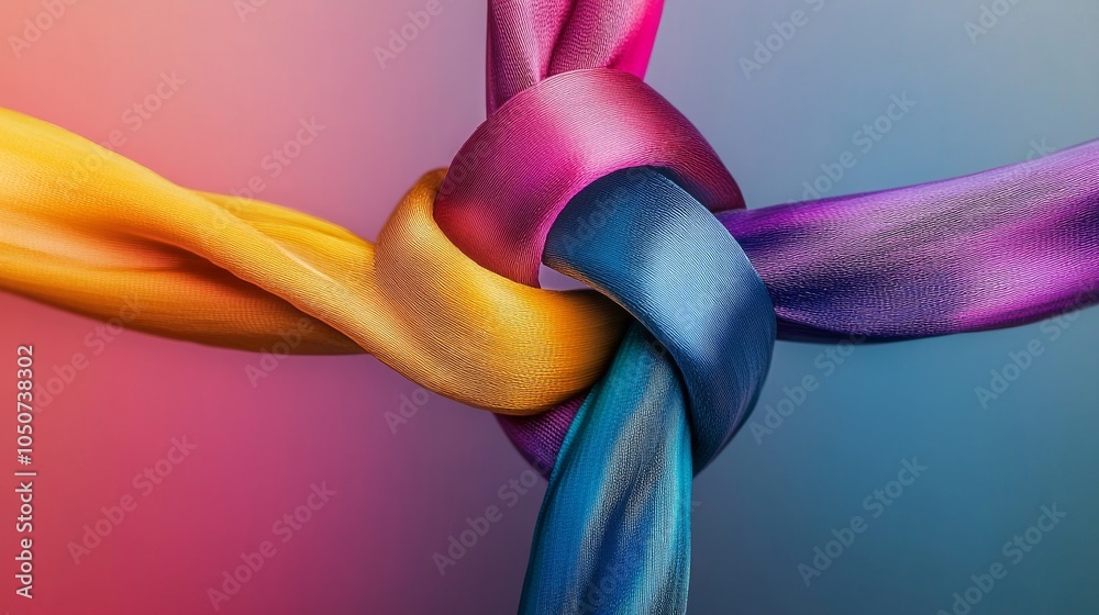 Aufkleber A conceptual image of colorful ribbons intertwining into a unified knot against a gradient backdrop, Signifying unity in diversity, photography style
