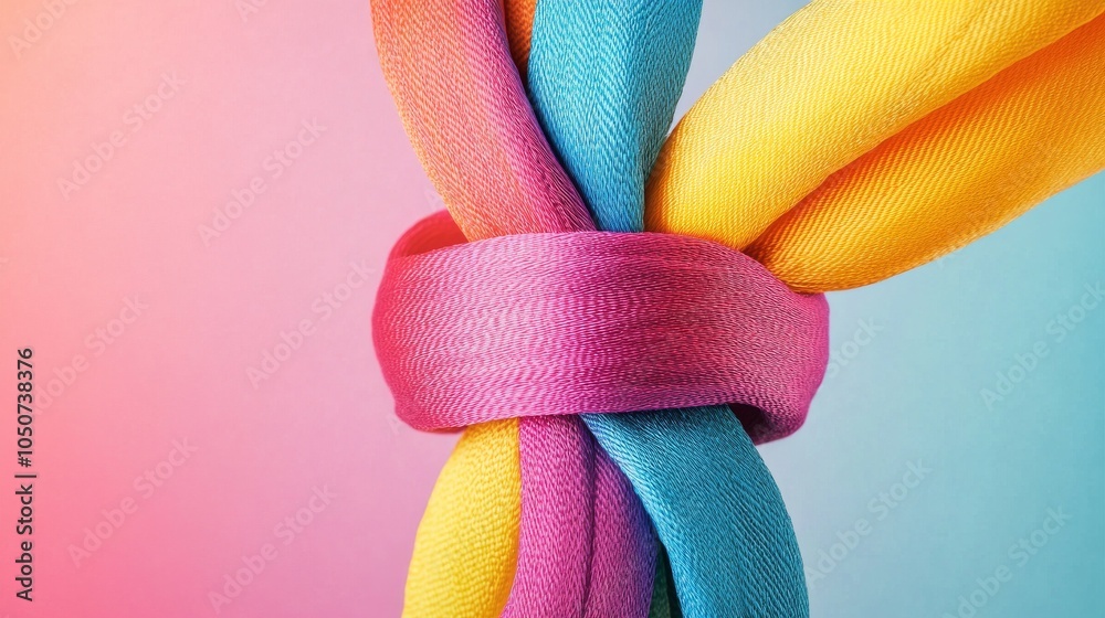 Aufkleber A conceptual image of colorful ribbons intertwining into a unified knot against a gradient backdrop, Signifying unity in diversity, photography style