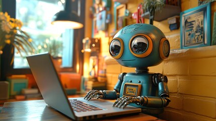 AI retro robot with laptop