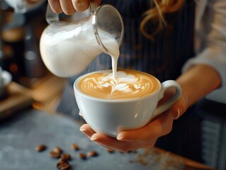 A barista pours steamed milk into a coffee cup, forming latte art on a marble countertop in a café.