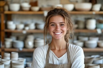 Young craftswoman smiling at the camera in her ceramic shop, Generative AI