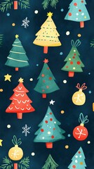 Festive Christmas tree pattern with vibrant colors and intricate designs on a seamless background.