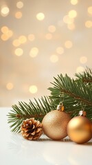 Festive Christmas tree branch adorned with golden baubles and pine cones, evoking holiday warmth.