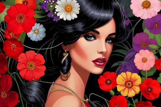 Expressive sensual brunette woman among flowers