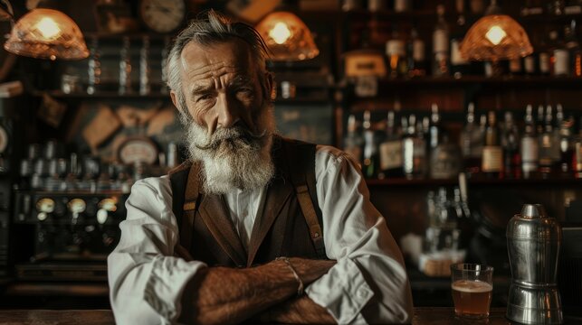 An old male bartender with a white beard and classic attire, standing in a rustic bar. The warm lighting creates a nostalgic atmosphere.