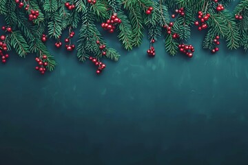 Festive Christmas background with lush fir branches and vibrant red berries on a rustic wooden surface.