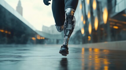 Obraz premium A close-up of a robotic leg in motion on a wet urban surface, showcasing advanced technology.