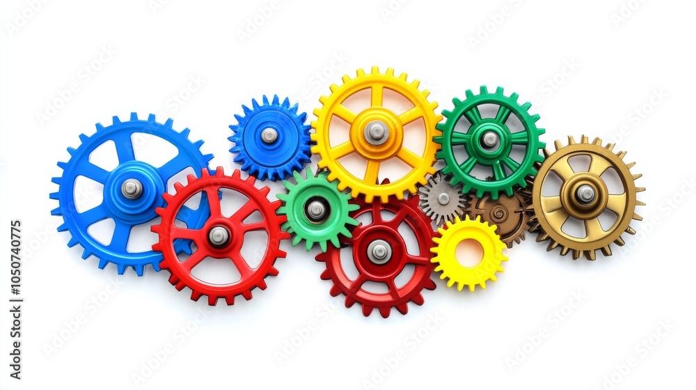 Poster A conceptual image of diverse gears interlocking in various colors against a seamless white backdrop, Reflecting cooperation and diversity, photography style