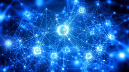 Obraz premium A modern, abstract technology network featuring glowing nodes and connecting lines, set against a bright blue background. This sophisticated design is ideal for banners, posters, and social media.